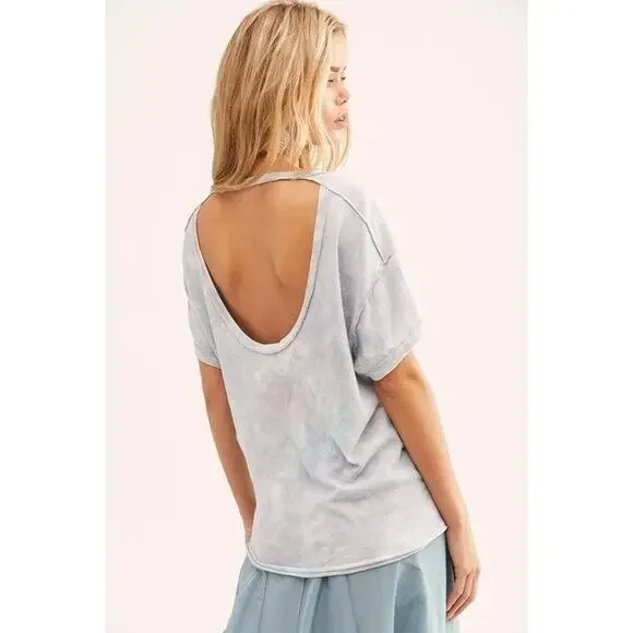 NWT Free People All Mine Tie Dye Tee Shirt Cotton V-Neck Grey Storm Medium - Picture 2 of 10